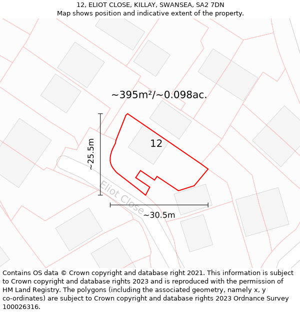 12, ELIOT CLOSE, KILLAY, SWANSEA, SA2 7DN: Plot and title map