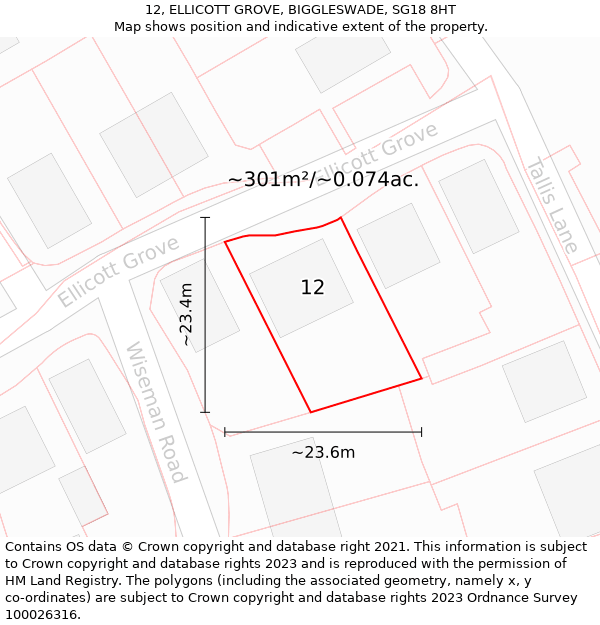 12, ELLICOTT GROVE, BIGGLESWADE, SG18 8HT: Plot and title map