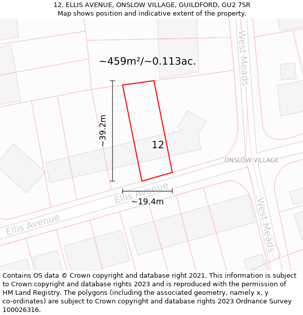 12, ELLIS AVENUE, ONSLOW VILLAGE, GUILDFORD, GU2 7SR: Plot and title map