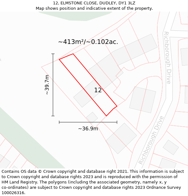 12, ELMSTONE CLOSE, DUDLEY, DY1 3LZ: Plot and title map
