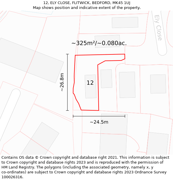 12, ELY CLOSE, FLITWICK, BEDFORD, MK45 1UJ: Plot and title map