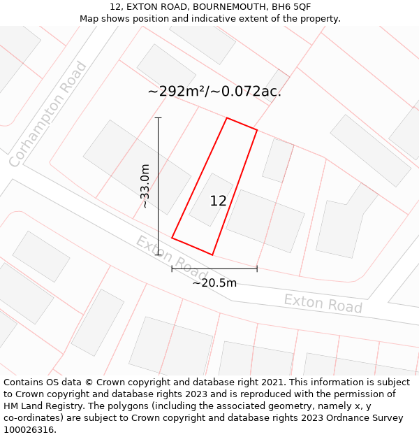 12, EXTON ROAD, BOURNEMOUTH, BH6 5QF: Plot and title map