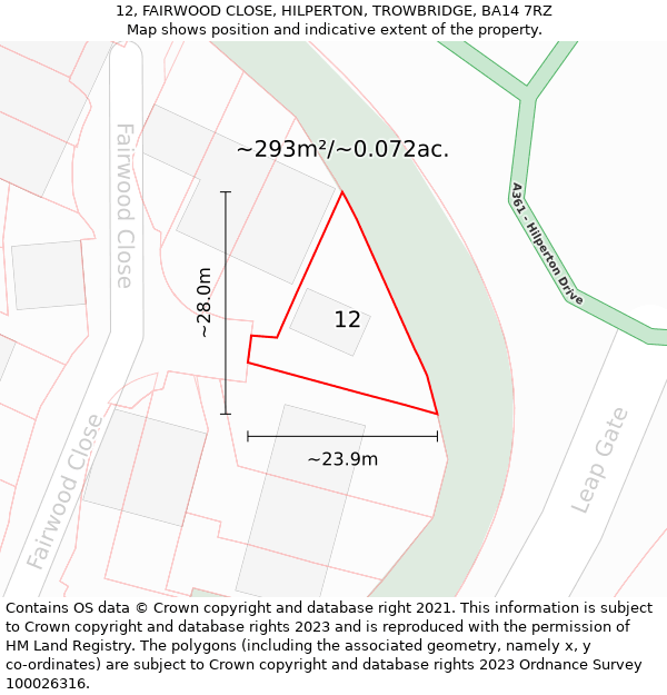 12, FAIRWOOD CLOSE, HILPERTON, TROWBRIDGE, BA14 7RZ: Plot and title map