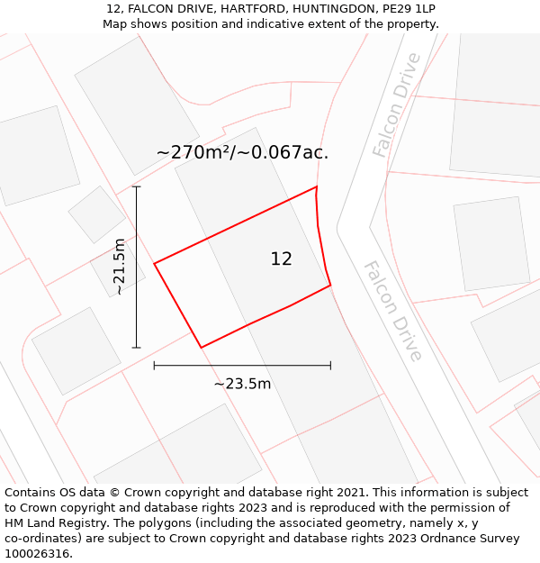 12, FALCON DRIVE, HARTFORD, HUNTINGDON, PE29 1LP: Plot and title map