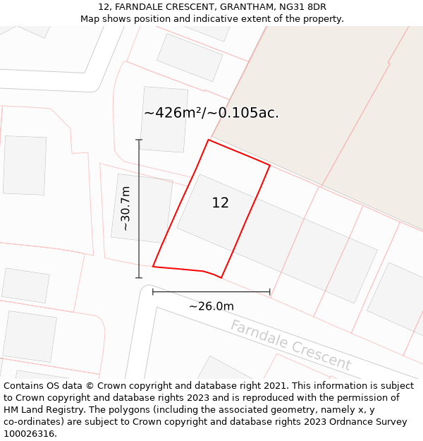 12, FARNDALE CRESCENT, GRANTHAM, NG31 8DR: Plot and title map