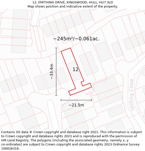 12, FARTHING DRIVE, KINGSWOOD, HULL, HU7 3LD: Plot and title map