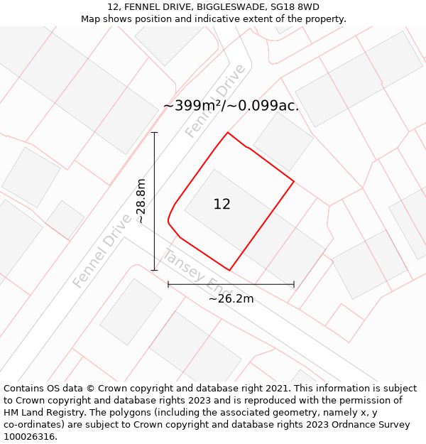 12, FENNEL DRIVE, BIGGLESWADE, SG18 8WD: Plot and title map