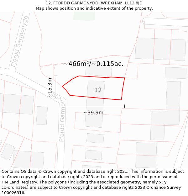 12, FFORDD GARMONYDD, WREXHAM, LL12 8JD: Plot and title map