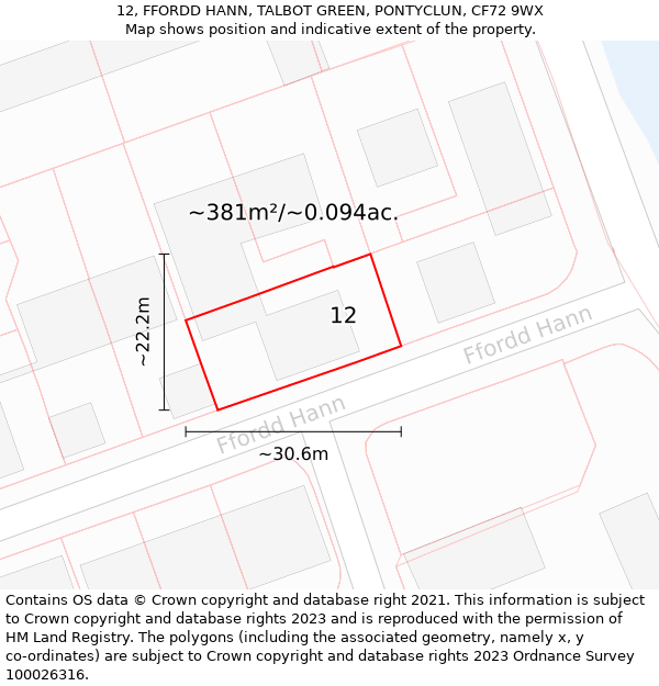 12, FFORDD HANN, TALBOT GREEN, PONTYCLUN, CF72 9WX: Plot and title map