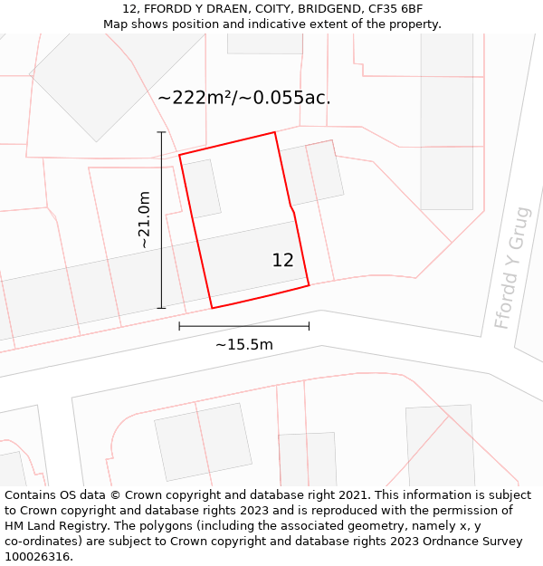 12, FFORDD Y DRAEN, COITY, BRIDGEND, CF35 6BF: Plot and title map