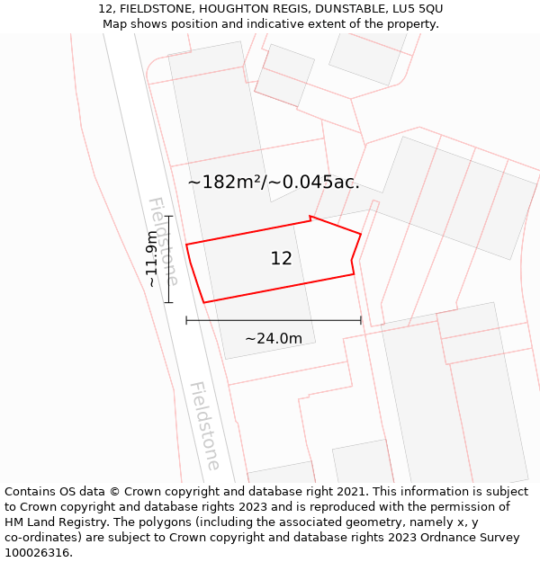 12, FIELDSTONE, HOUGHTON REGIS, DUNSTABLE, LU5 5QU: Plot and title map