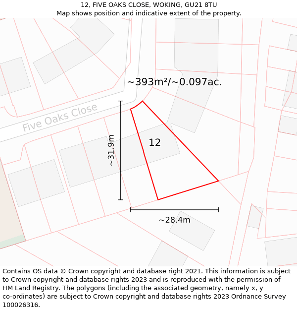 12, FIVE OAKS CLOSE, WOKING, GU21 8TU: Plot and title map