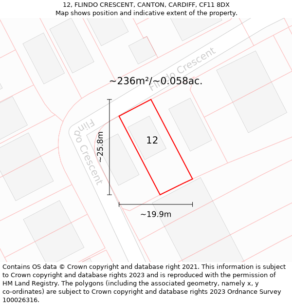 12, FLINDO CRESCENT, CANTON, CARDIFF, CF11 8DX: Plot and title map