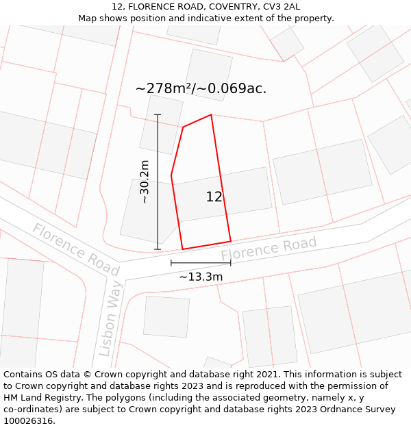 12, FLORENCE ROAD, COVENTRY, CV3 2AL: Plot and title map