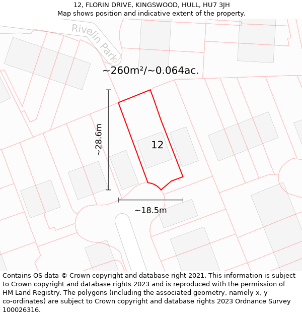 12, FLORIN DRIVE, KINGSWOOD, HULL, HU7 3JH: Plot and title map