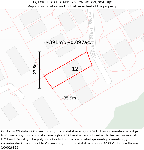 12, FOREST GATE GARDENS, LYMINGTON, SO41 8JG: Plot and title map