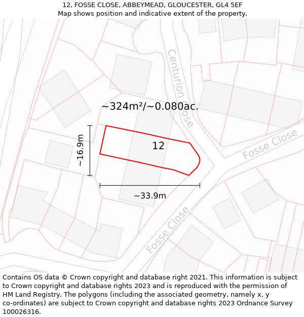 12, FOSSE CLOSE, ABBEYMEAD, GLOUCESTER, GL4 5EF: Plot and title map