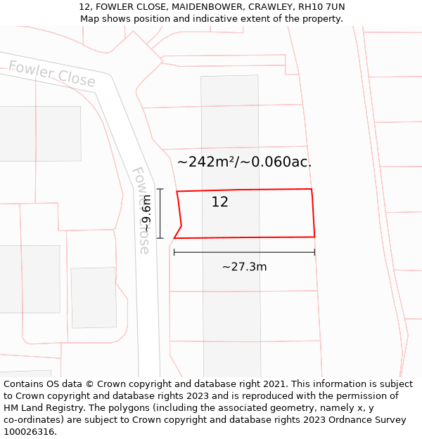 12, FOWLER CLOSE, MAIDENBOWER, CRAWLEY, RH10 7UN: Plot and title map