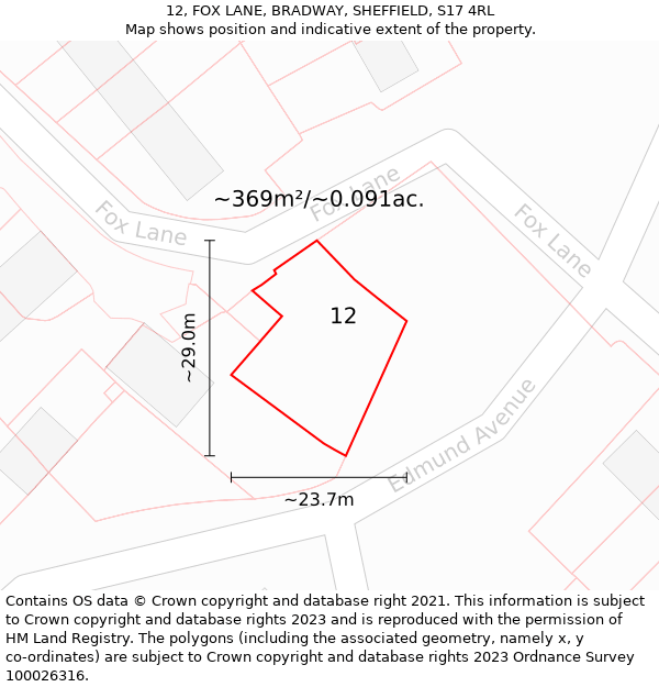 12, FOX LANE, BRADWAY, SHEFFIELD, S17 4RL: Plot and title map