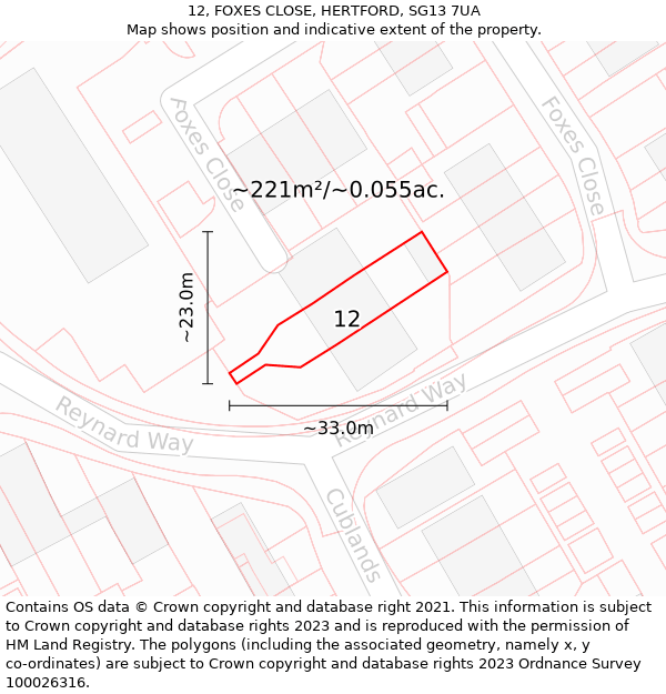 12, FOXES CLOSE, HERTFORD, SG13 7UA: Plot and title map