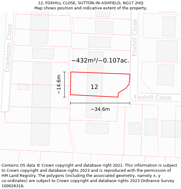 12, FOXHILL CLOSE, SUTTON-IN-ASHFIELD, NG17 2HQ: Plot and title map