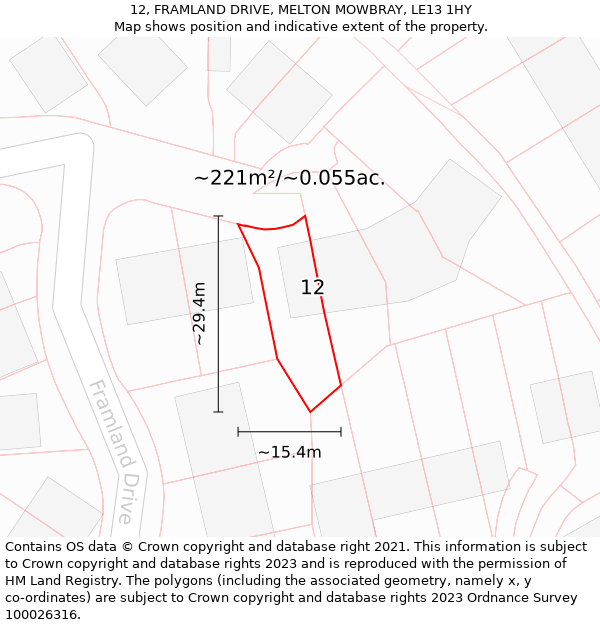 12, FRAMLAND DRIVE, MELTON MOWBRAY, LE13 1HY: Plot and title map