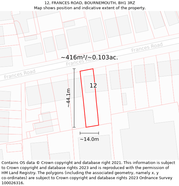 12, FRANCES ROAD, BOURNEMOUTH, BH1 3RZ: Plot and title map