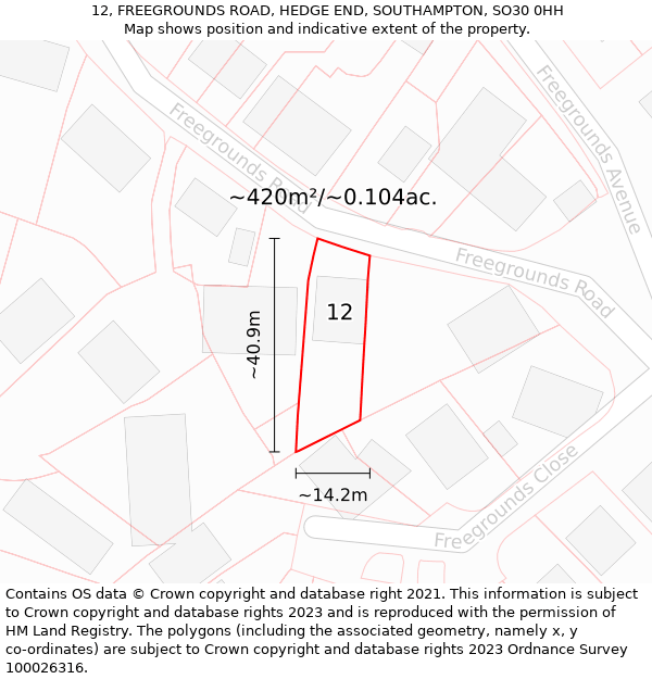 12, FREEGROUNDS ROAD, HEDGE END, SOUTHAMPTON, SO30 0HH: Plot and title map