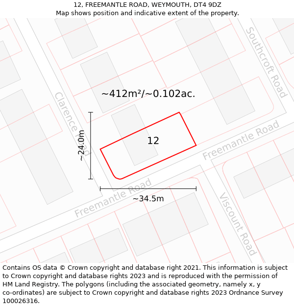 12, FREEMANTLE ROAD, WEYMOUTH, DT4 9DZ: Plot and title map