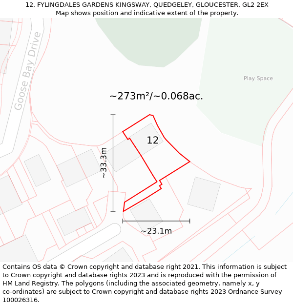 12, FYLINGDALES GARDENS KINGSWAY, QUEDGELEY, GLOUCESTER, GL2 2EX: Plot and title map