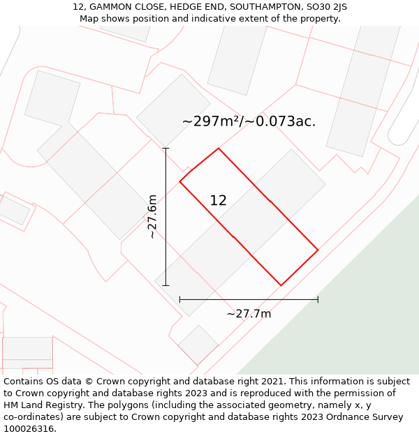 12, GAMMON CLOSE, HEDGE END, SOUTHAMPTON, SO30 2JS: Plot and title map