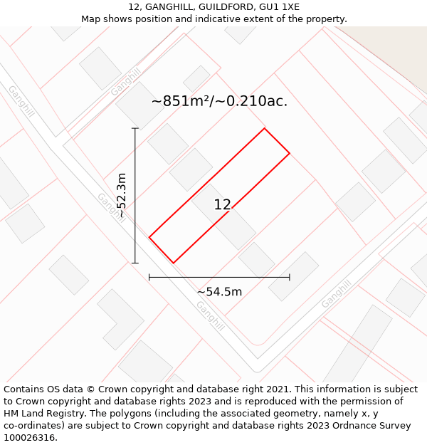 12, GANGHILL, GUILDFORD, GU1 1XE: Plot and title map