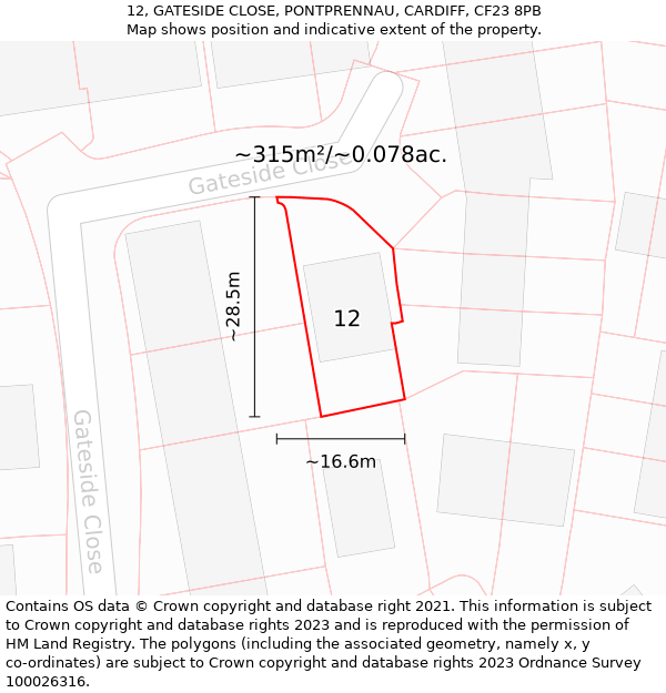 12, GATESIDE CLOSE, PONTPRENNAU, CARDIFF, CF23 8PB: Plot and title map
