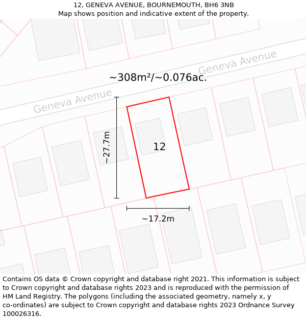 12, GENEVA AVENUE, BOURNEMOUTH, BH6 3NB: Plot and title map