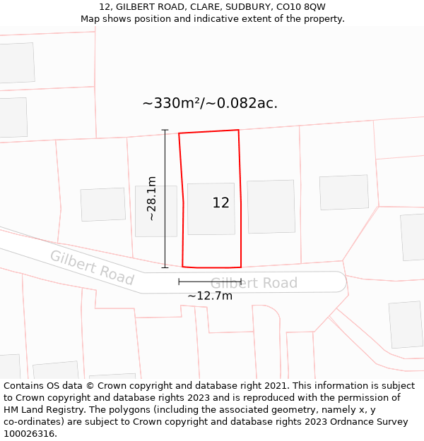 12, GILBERT ROAD, CLARE, SUDBURY, CO10 8QW: Plot and title map