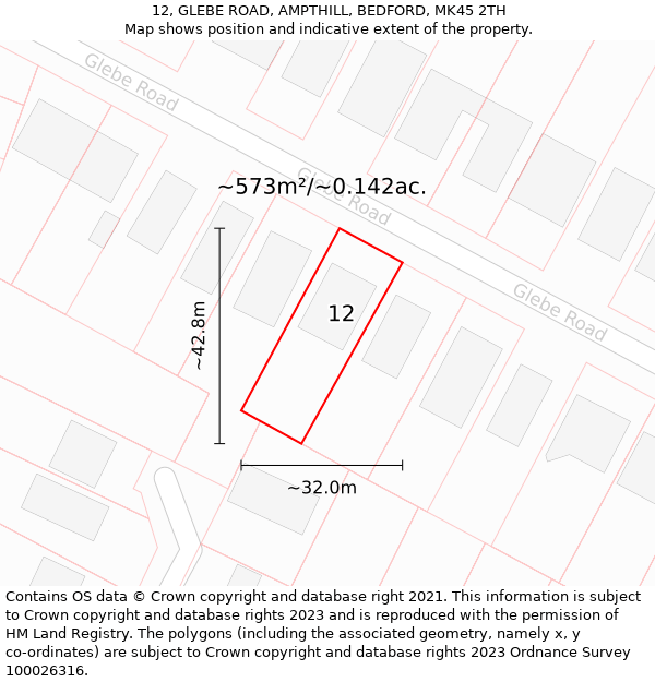 12, GLEBE ROAD, AMPTHILL, BEDFORD, MK45 2TH: Plot and title map