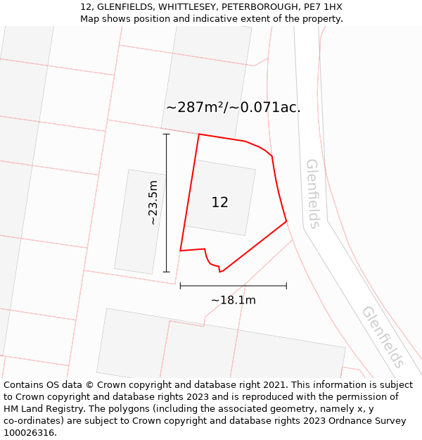 12, GLENFIELDS, WHITTLESEY, PETERBOROUGH, PE7 1HX: Plot and title map