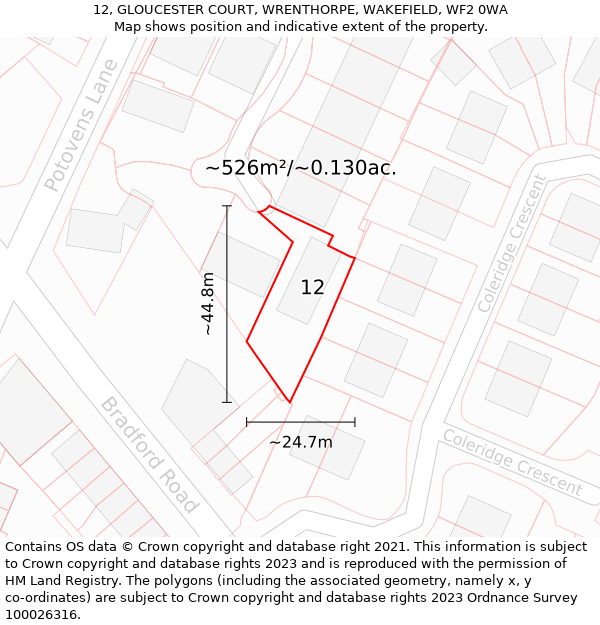 12, GLOUCESTER COURT, WRENTHORPE, WAKEFIELD, WF2 0WA: Plot and title map