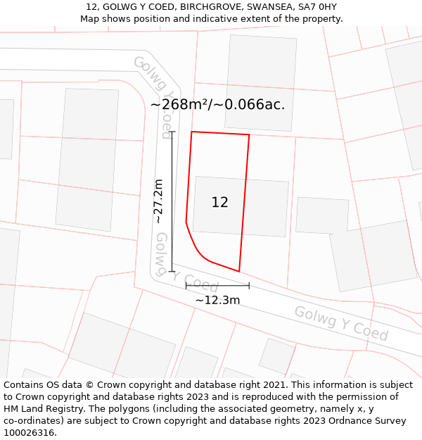 12, GOLWG Y COED, BIRCHGROVE, SWANSEA, SA7 0HY: Plot and title map