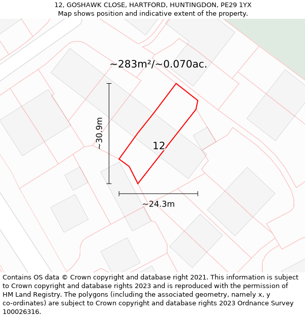 12, GOSHAWK CLOSE, HARTFORD, HUNTINGDON, PE29 1YX: Plot and title map