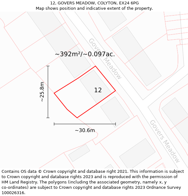 12, GOVERS MEADOW, COLYTON, EX24 6PG: Plot and title map