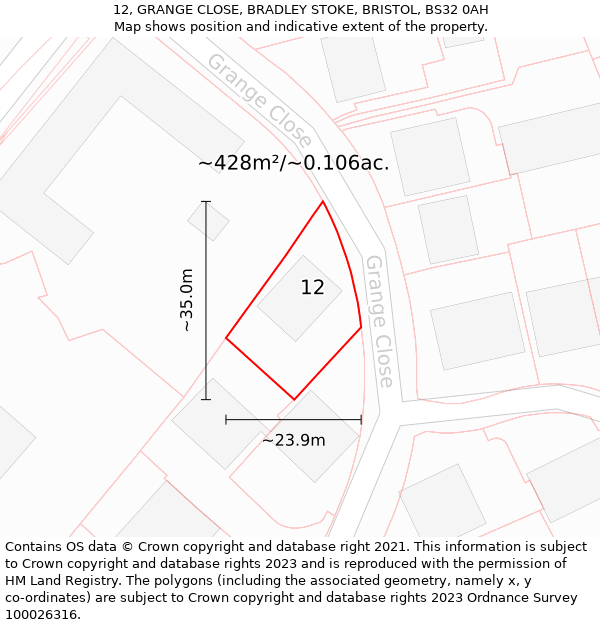 12, GRANGE CLOSE, BRADLEY STOKE, BRISTOL, BS32 0AH: Plot and title map