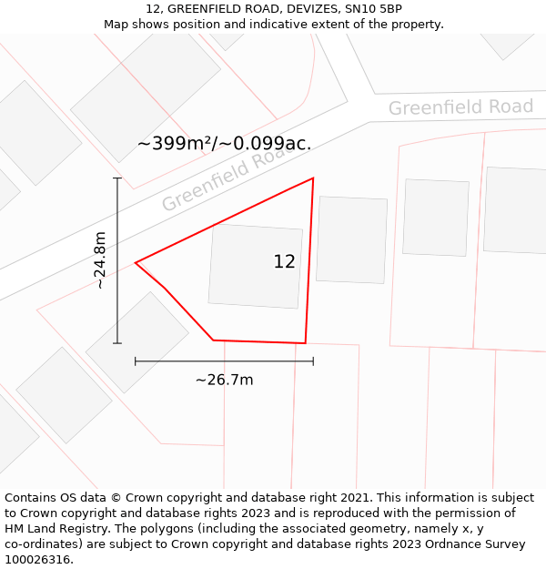 12, GREENFIELD ROAD, DEVIZES, SN10 5BP: Plot and title map