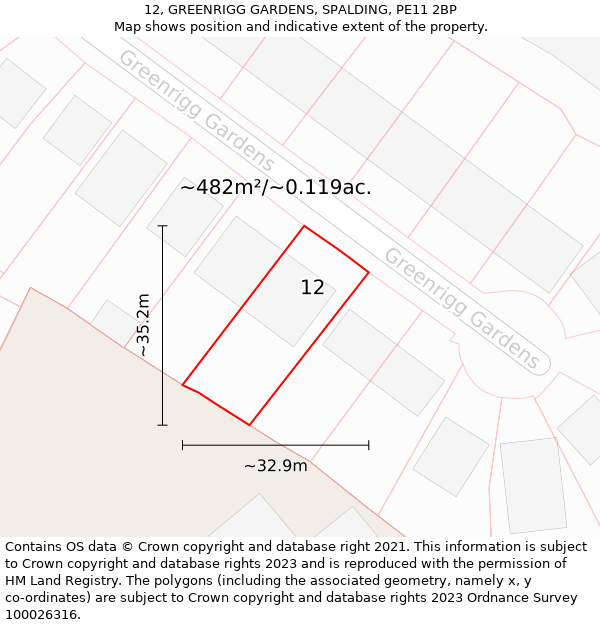 12, GREENRIGG GARDENS, SPALDING, PE11 2BP: Plot and title map