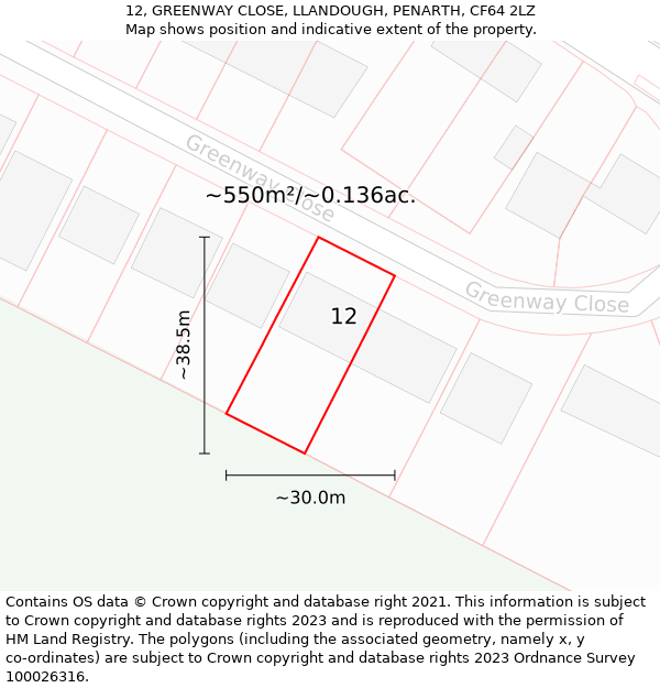 12, GREENWAY CLOSE, LLANDOUGH, PENARTH, CF64 2LZ: Plot and title map