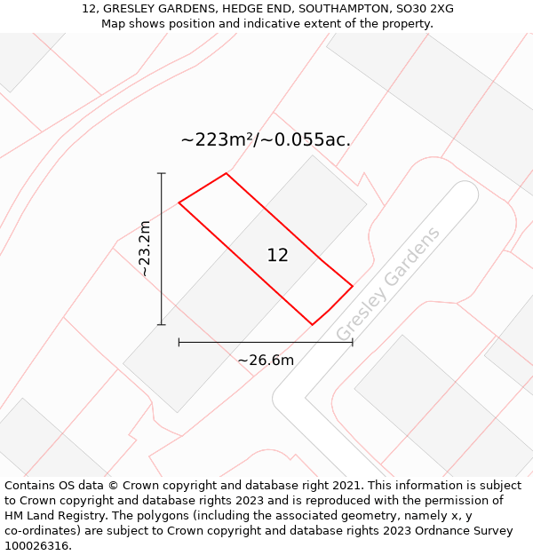 12, GRESLEY GARDENS, HEDGE END, SOUTHAMPTON, SO30 2XG: Plot and title map