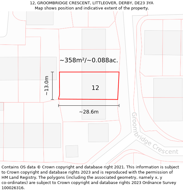 12, GROOMBRIDGE CRESCENT, LITTLEOVER, DERBY, DE23 3YA: Plot and title map