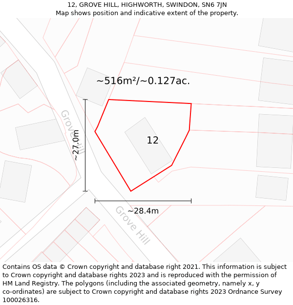 12, GROVE HILL, HIGHWORTH, SWINDON, SN6 7JN: Plot and title map