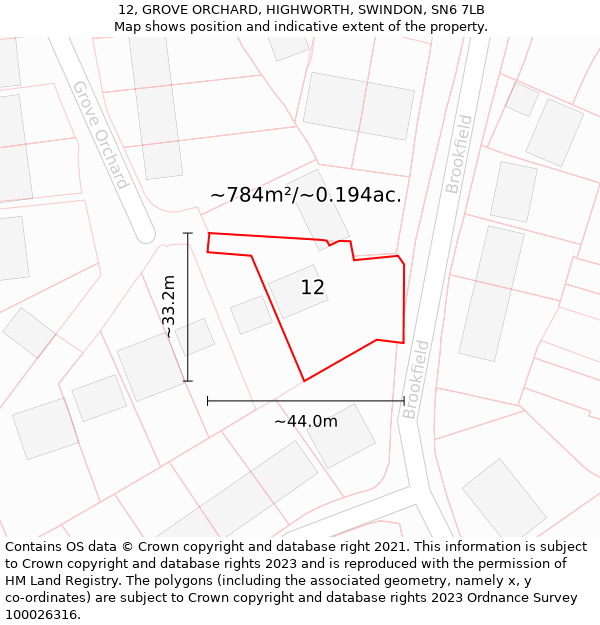 12, GROVE ORCHARD, HIGHWORTH, SWINDON, SN6 7LB: Plot and title map