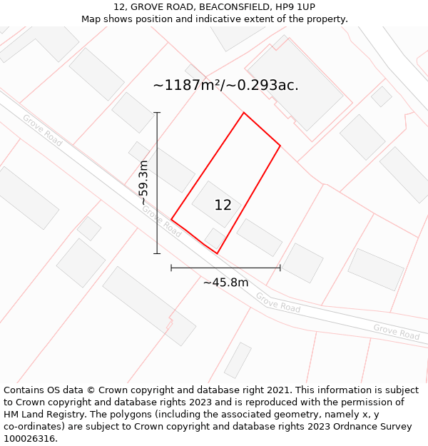 12, GROVE ROAD, BEACONSFIELD, HP9 1UP: Plot and title map